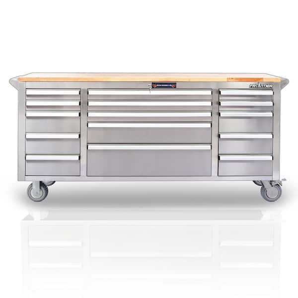 Frontier 72 in. 15-Drawer Mobile Workbench Tool Chest Cabinet with Wooden Top in Stainless Steel