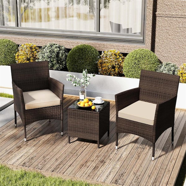 3-Piece Wicker Patio Conversation Set with Tempered Glass Tabletop and Beige Cushions