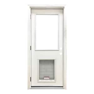 30 in. x 80 in. Reliant Series Clear Half Lite RHOS White Primed Fiberglass Prehung Back Door with Extra Large Pet Door