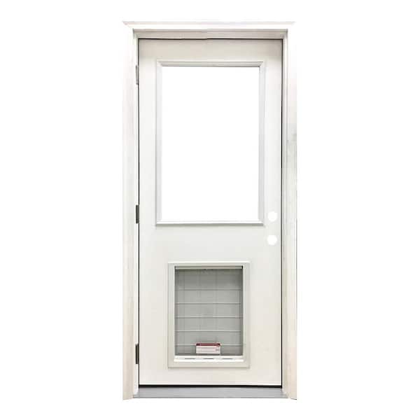 Steves & Sons 32 in. x 80 in. Reliant Series Clear Half Lite RHOS White Primed Fiberglass Prehung Back Door with Extra Large Pet Door