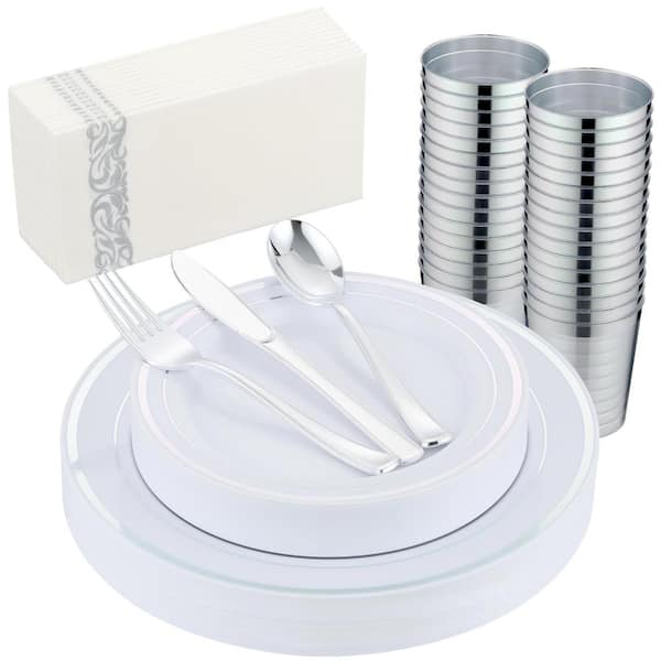 175-Piece Silver Disposable Plastic Dinnerware Set with Plates Cups Napkins Silverware (Service for 25)