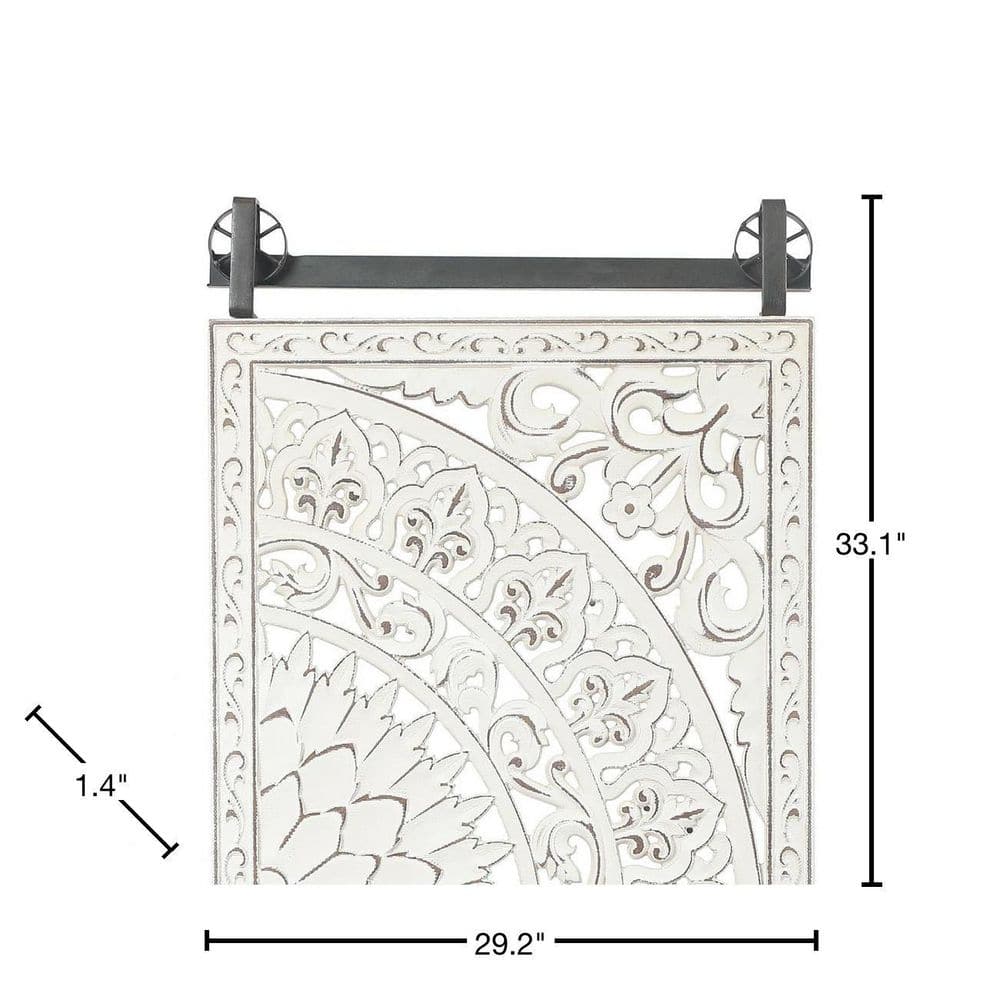 Distressed Ivory White Wood Floral Wall Art Set with Iron Bar