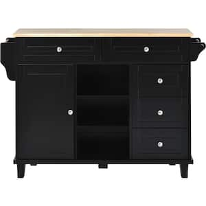 Oasis Black Wood 52.8 in. Kitchen Island with Storage and 5-Drawers