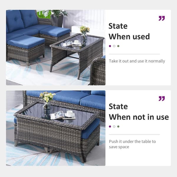 Gray 7-Piece Wicker Patio Conversation Set with Swivel Rockers, Outdoor Sofa Seating Set with Olefin Navy Blue Cushions