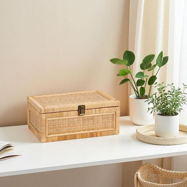 poproom ラタンボックス Brown 12 in. x 5 in. Wicker Decorative Box with Lid Decorative