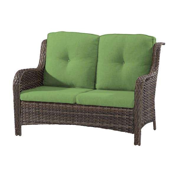 Brown Wicker Outdoor Patio Deep Seating Loveseat Couch with Green Cushions