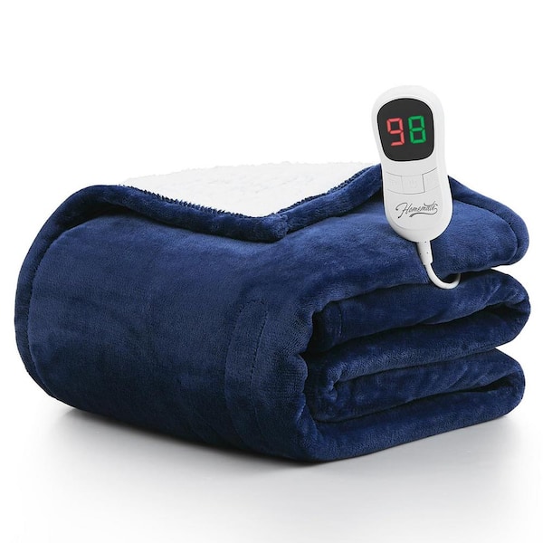 Angel Sar Navy Blue 50 in. x 60 in. Flannel Sherpa Electric Throw Blanket with 10-Heat Levels and 1/2/4/6/8 Hours Auto-off