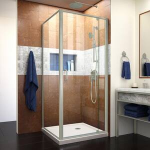 Flex 32 in. x 32 in. x 74.75 in. Framed Corner Pivot Shower Enclosure in Brushed Nickel and Biscuit Corner Shower Base