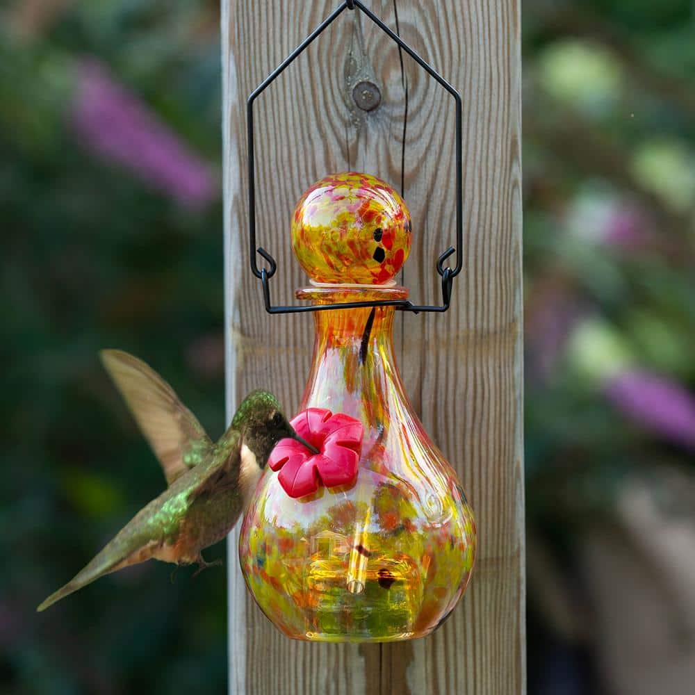 Solar-Powered Hand-Blown Glass Hanging Hummingbird Feeder