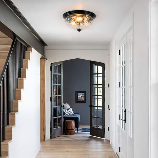 Seta 3-Light 16.7 in.W Stain Black Vintage Dome Flush Mount Bowl Ceiling Light with Water Glass for Entry / Foyer