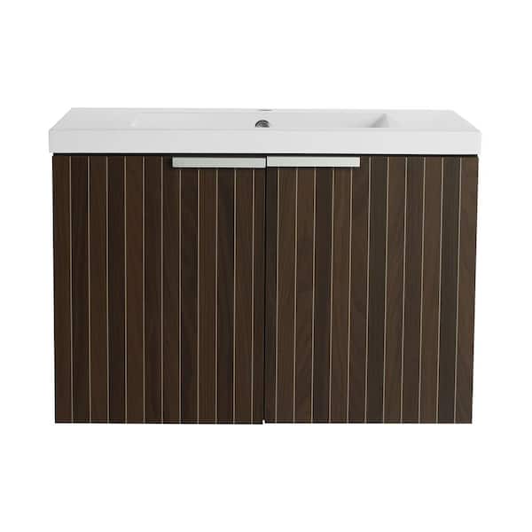 29.5 in. W x 18.1 in. D x 20.5 in. H Wall-Mounted Bath Vanity in Brown Stripe with White Resin Top