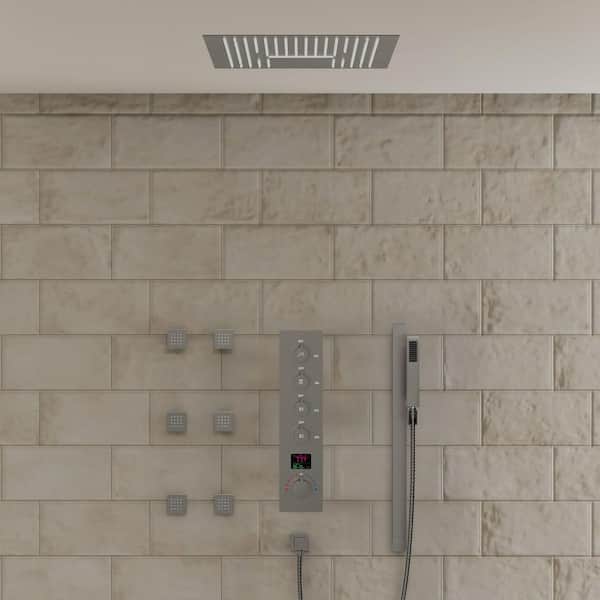 16 in. RGB LED And Temp 6-Jet Shower System 15-Spray with Anti Scald, Thermostatic Valve, Waterfall in Brushed Nickel