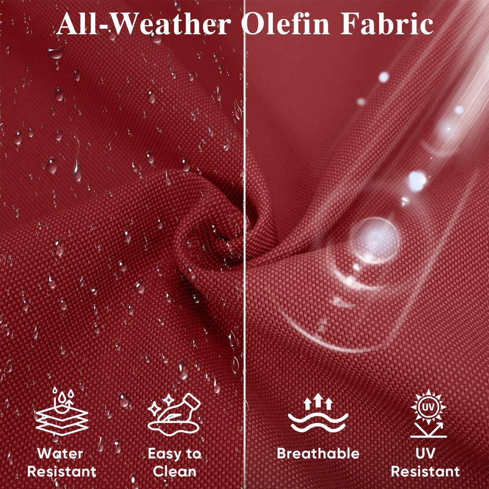 Close-up of red all-weather olefin fabric showing water resistance.