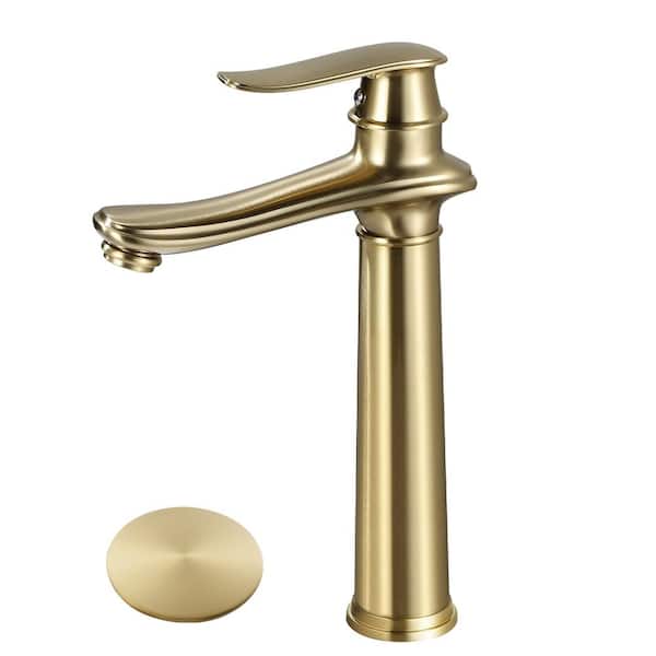 AKLFGN Single Handle Single Hole Bathroom Vessel Sink Faucet, Waterfall Bathroom Sink Faucet with Pop-Up Drain in Brushed Gold