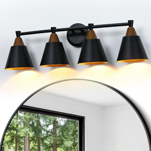 29.5 in. 4 Light Black and Wood Grain Bathroom Vanity Light with Hammered Metal Shade