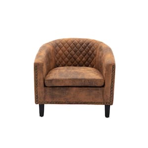 Light Coffee Modern Linen Fabric Upholstered Accent Barrel Chair with Nailheads and Solid Wood Legs