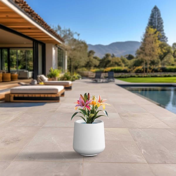 13.5 in. Medium Crisp White(Enhanced Interior) Concrete Round Planter / Pot with Drainage Holes