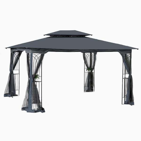 13 ft. x 10 ft. Gray Outdoor Patio Gazebo Canopy with Ventilated Double Roof and Mosquito Net