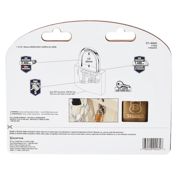 Brinks 1-9/16 in. (40 mm) Solid Brass Keyed Lock with 2 in. Shackle  (4-Pack) 171-42401 - The Home Depot