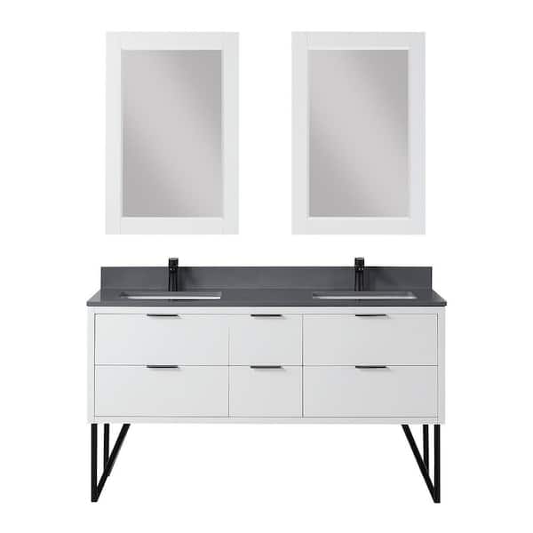 Altair Helios 60 in. W x 22 in. D x 34 in. H Double Sink Bath Vanity in White with Gray Composite Stone Top and Mirror