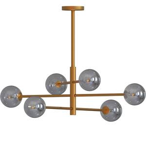 6-Light Gold Dimmable Adjustable Height Chandelier Light Fixture with 6-Smoked Glass Globe Shades