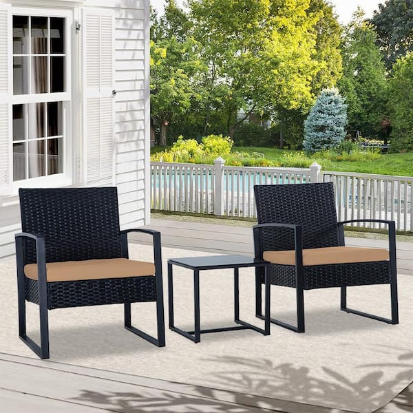 3-Piece Black Wicker Square Outdoor Bistro Set with Brown Cushions, Patio Furniture Set for Backyard Garden