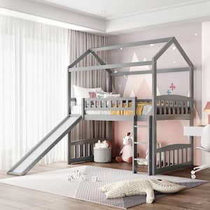 Gray Twin Size House Loft Bed with Slide and Ladder
