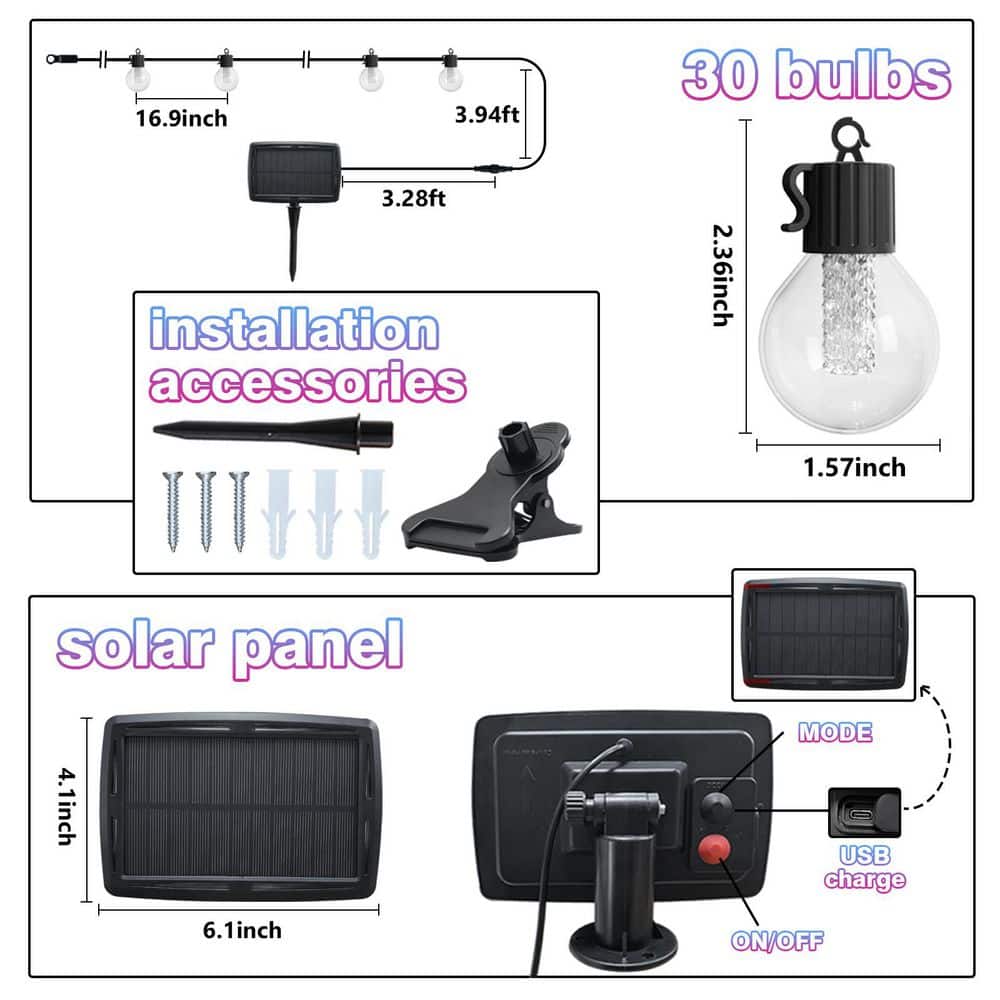 50FT Multicolor Solar Powered Outdoor String Lights with USB Charging