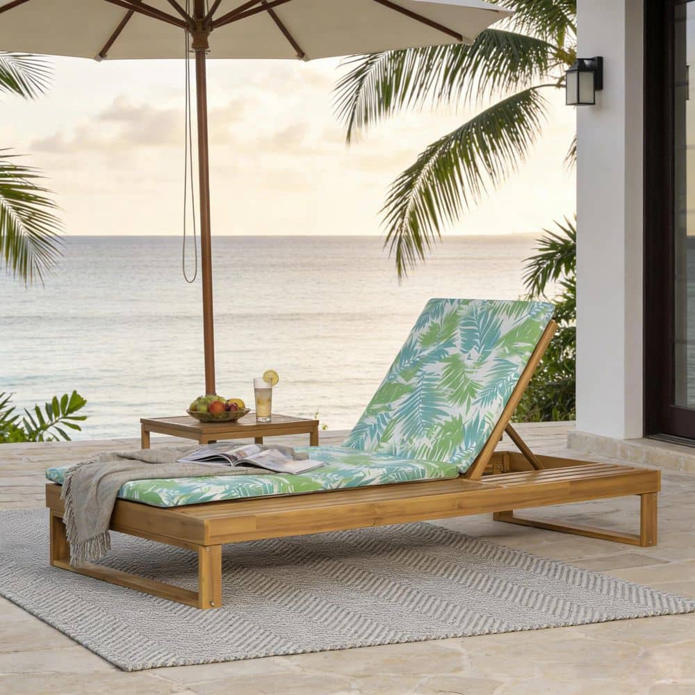 Apollo Teak Finish Solid Wood 4-Position Adjustable Outdoor Chaise Lounge with Green Leaf Cushions price history on PriceWatchPro