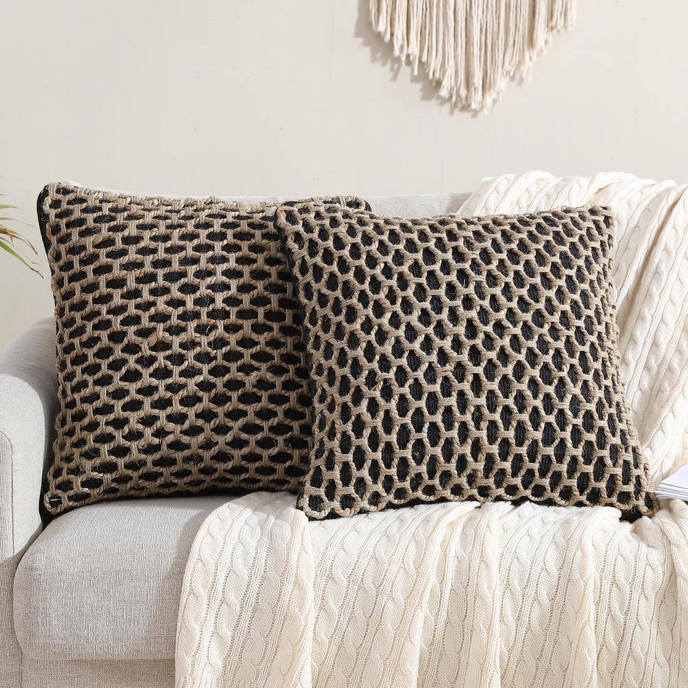 Jada Black and Jute 20" Square Boho Throw Pillow Set