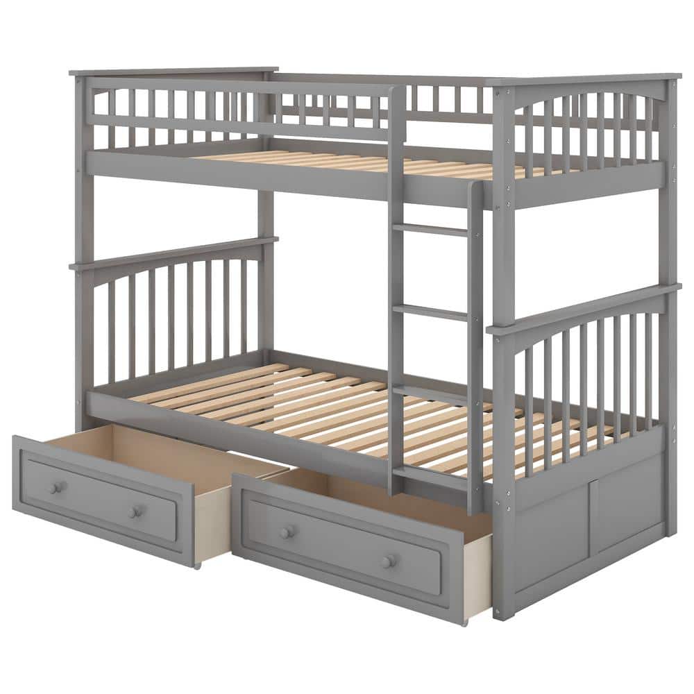 ANBAZAR Gray Wood Twin Over Twin Bunk Beds with 2 Drawers, Detachable 2 ...
