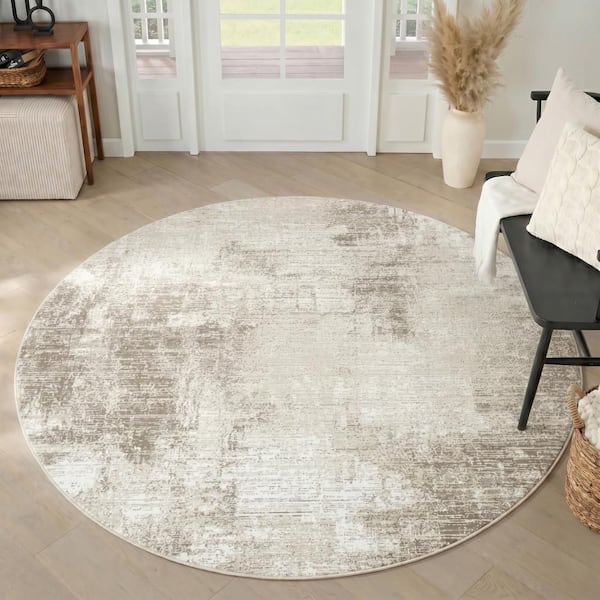 Dekor Ivory Taupe 5 ft. Round x 5 ft. Abstract Contemporary Round Area Rug
