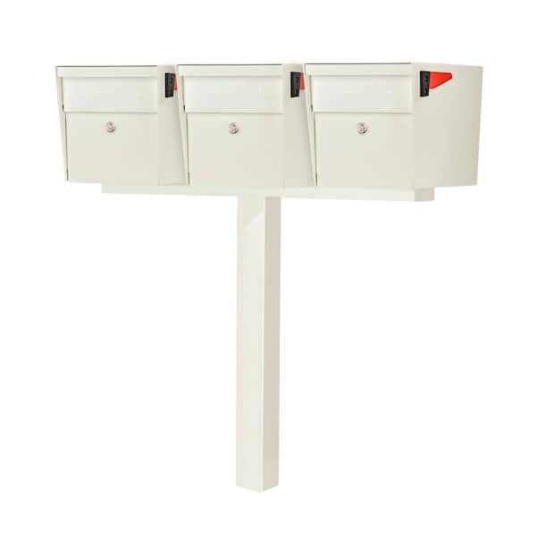 MailBoss X3 Locking Mailbox Post Mount Combo Kit, Cream White, In-Ground Post, 3-Compartment High Security Cluster