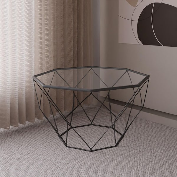 Leisuremod Malibu 29 in. Octagon Coffee Table Modern Tempered Glass Tabletop Geometric Metal Frame Accent Table in Black