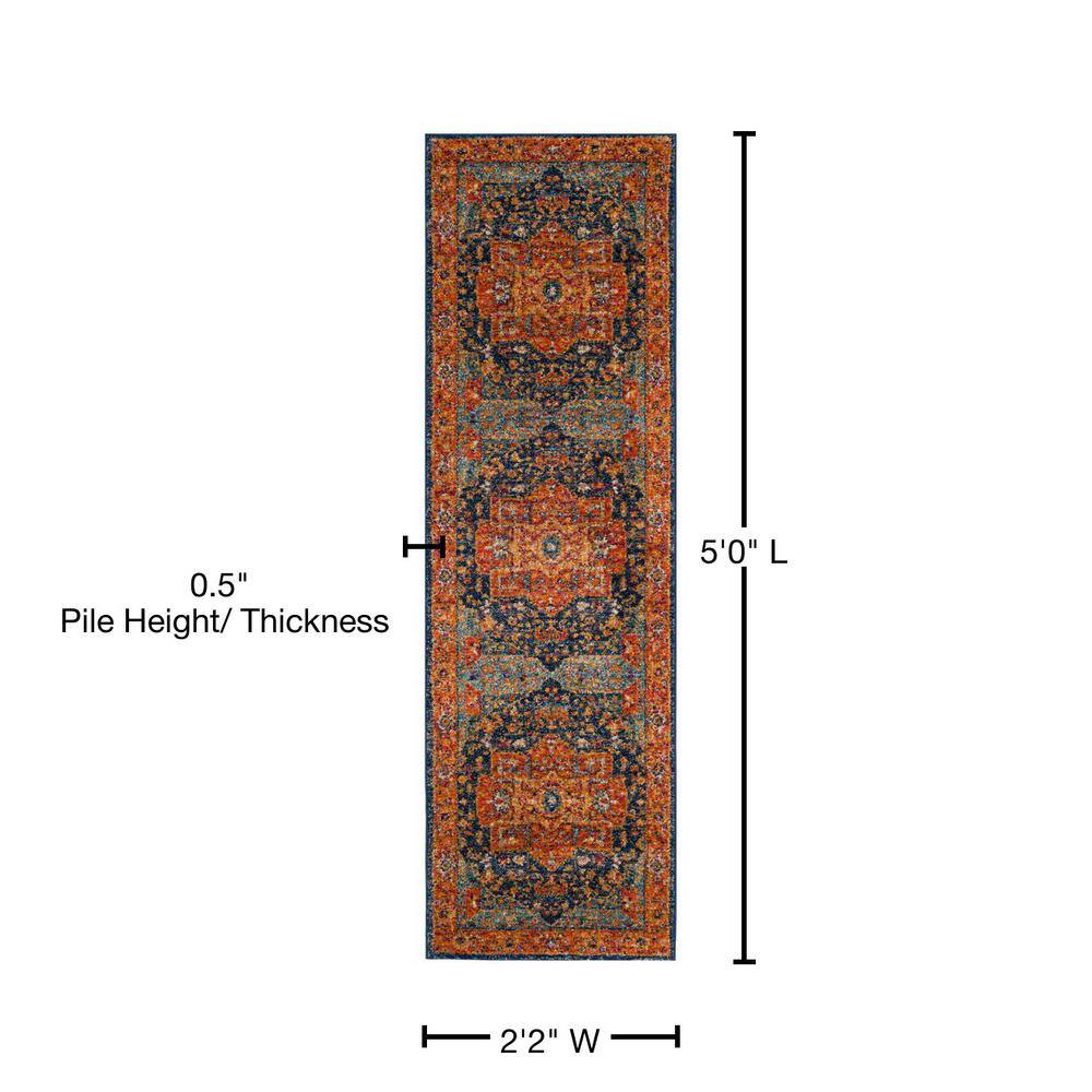 Blue and Orange Synthetic Reversible Runner Rug