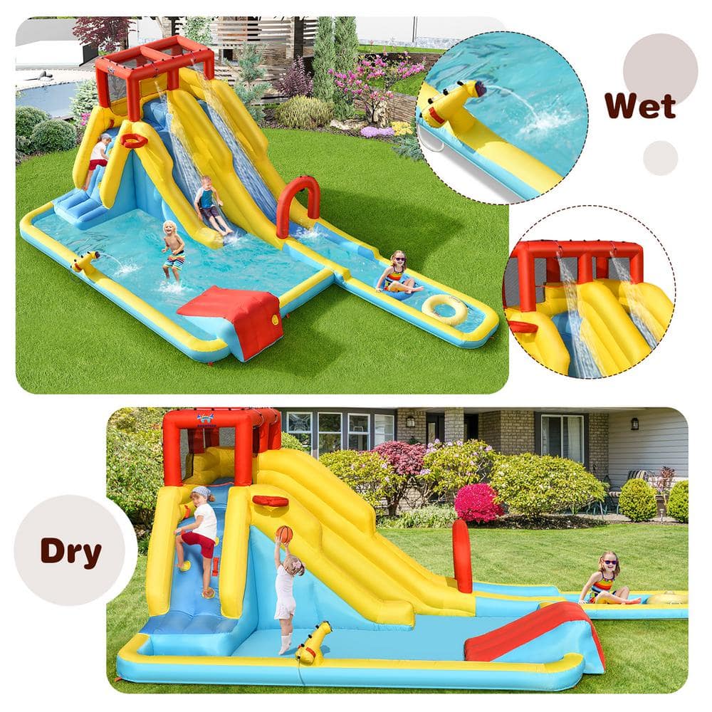 Multi-Color Inflatable Bounce House with Dual Slides and Water Park
