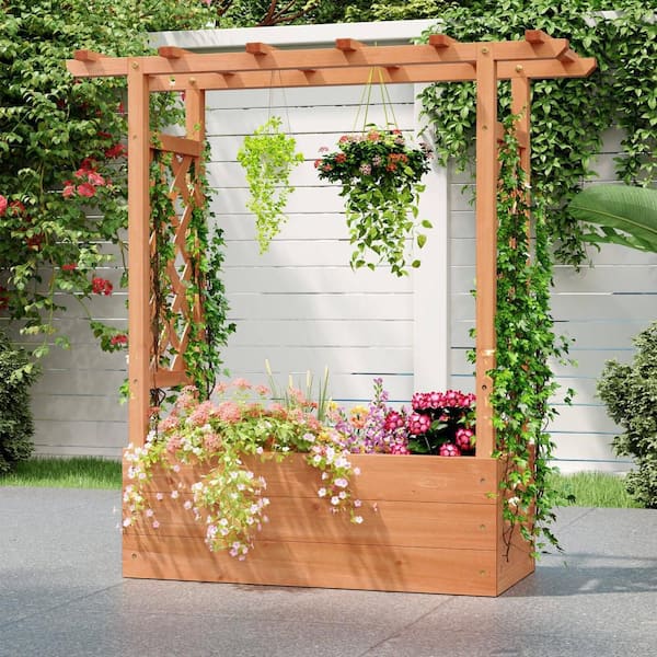 43 in. x 17 in. x 45 in. Orange Wood Raised Garden Bed with Trellis & Hanging Roof Drainage Elevated Planter Box (1 PCS)