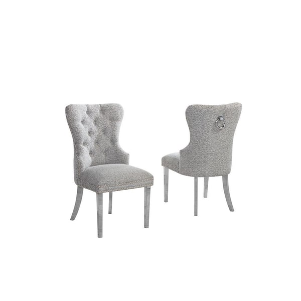 Indira Rich Grey Boucle Fabric Side Chair (Set of 2) with Silver Legs