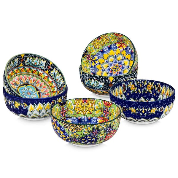 28 fl. oz. Dark-blue Deep-green Yellow Porcelain Cereal Bowls Set of 6, Double-Sided Pattern Serving Bowls Soup Bowls