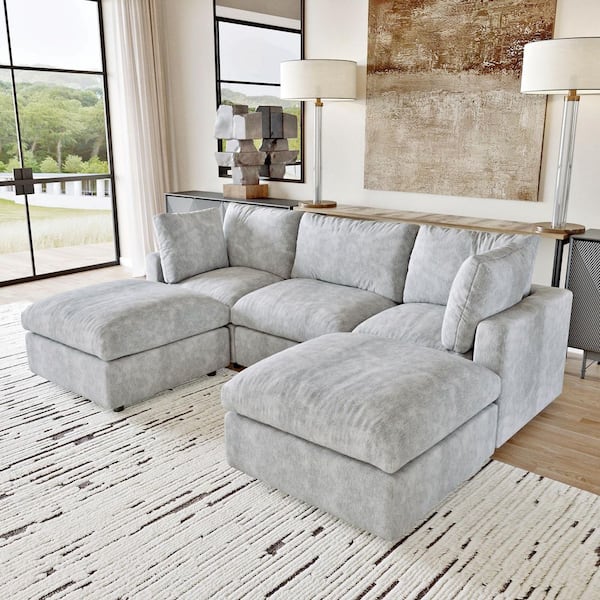 100 in. Square Arm 5-Piece Chenille U-Shaped Modualr Sectional Sofa with Washable Cover, Ottoman in. Gray for Apartment