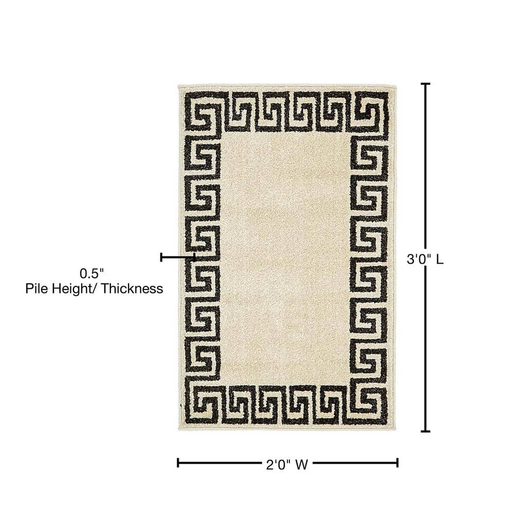 Athens Beige and Black Geometric Border Rectangular Rug