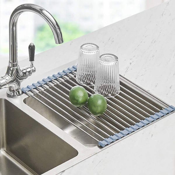 Stainless Steel Roll Up Dish Drying Rack, Over The Sink Foldable Dish Drainer for Sink Counter Storage 17.5 x 11.8 in.