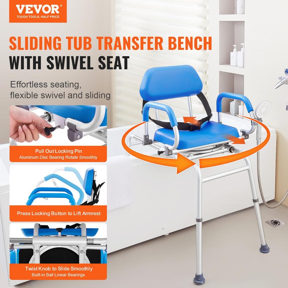 Blue Adjustable Plastic Sliding Tub Transfer Bench with Safety Belt