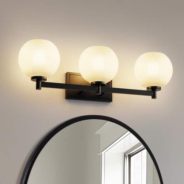 25 in. 3-Light Matte Black Globe Vanity Light Dimmable with White Glass Shade for Bathroom