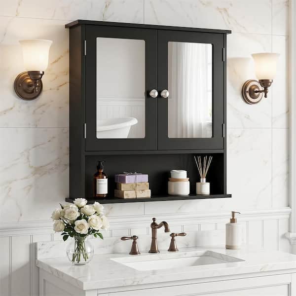22 in. W x 5 in. D x 23 in. H Black Wood Bathroom Storage Wall Cabinet in Black