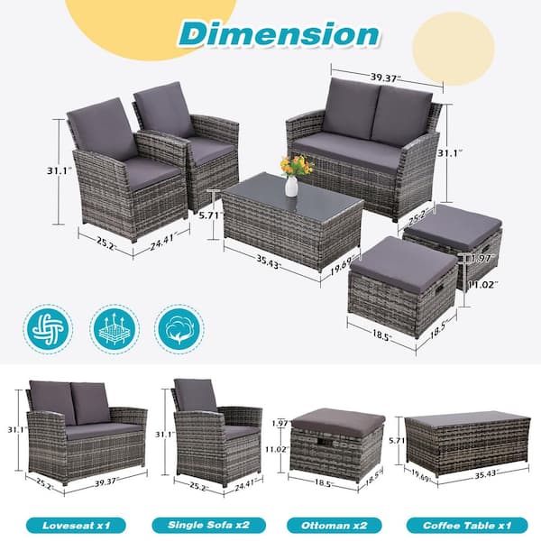 JUSKYS 6-Piece Patio Dark-Gray Resin Wicker Conversation Set JUSKYS 6-Piece Patio Dark-Gray Resin Wicker Conversation Set