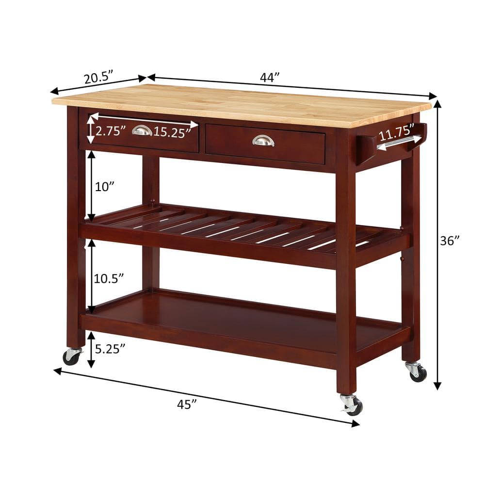 Mahogany Butcher Block Kitchen Cart with Wine Rack and Storage