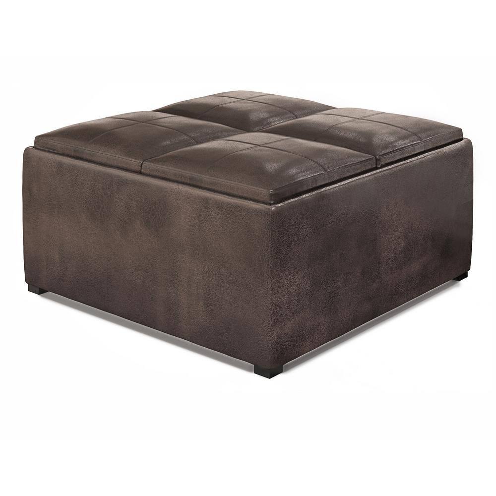 Distressed Brown Faux Leather Square Cocktail Ottoman with Tray