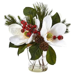 12 in Artificial Magnolia, Pine and Berry in Glass Vase