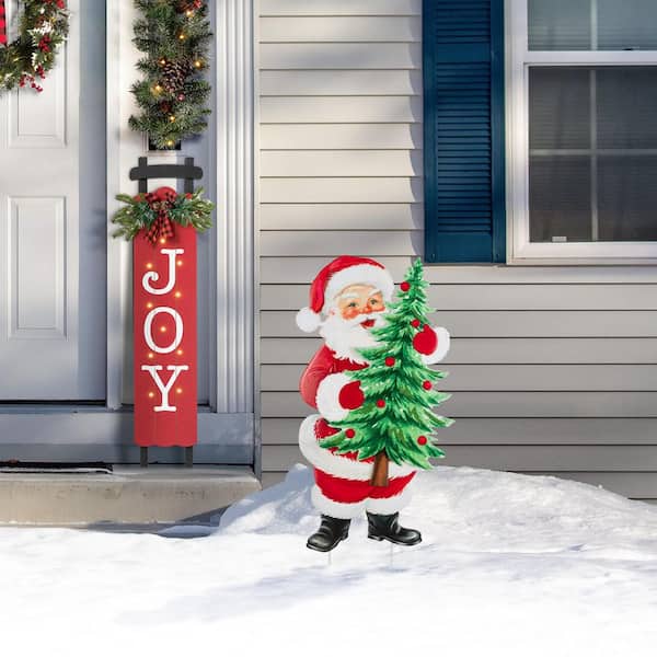Glitzhome 36 in. H Christmas Metal Santa with Tree Yard Stake